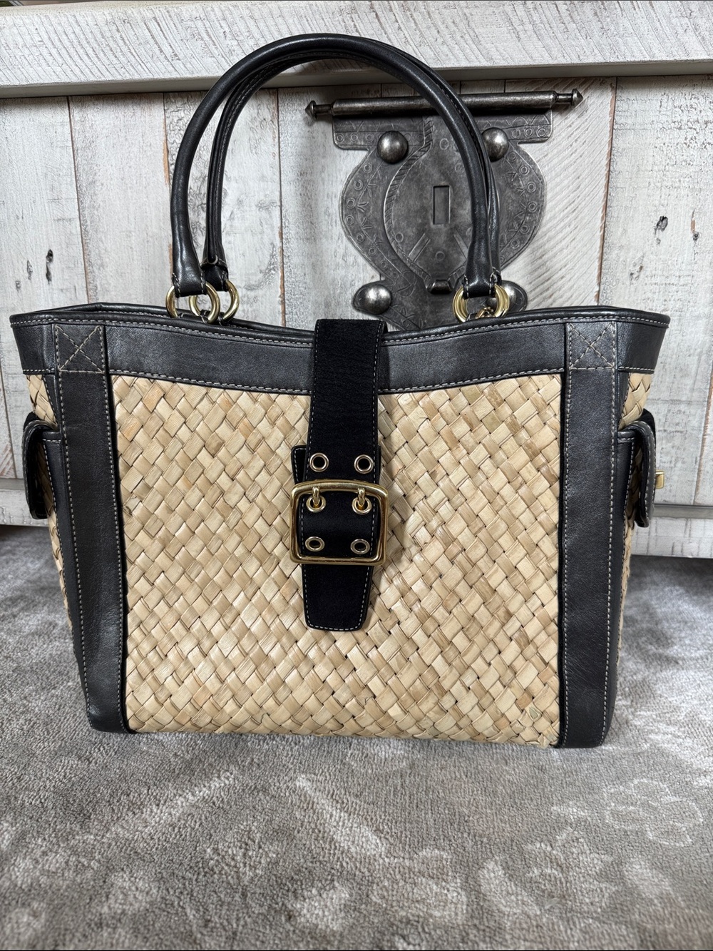 Coach Vintage Limited Edition Y2K Metallic Black Woven Straw Tote Bag